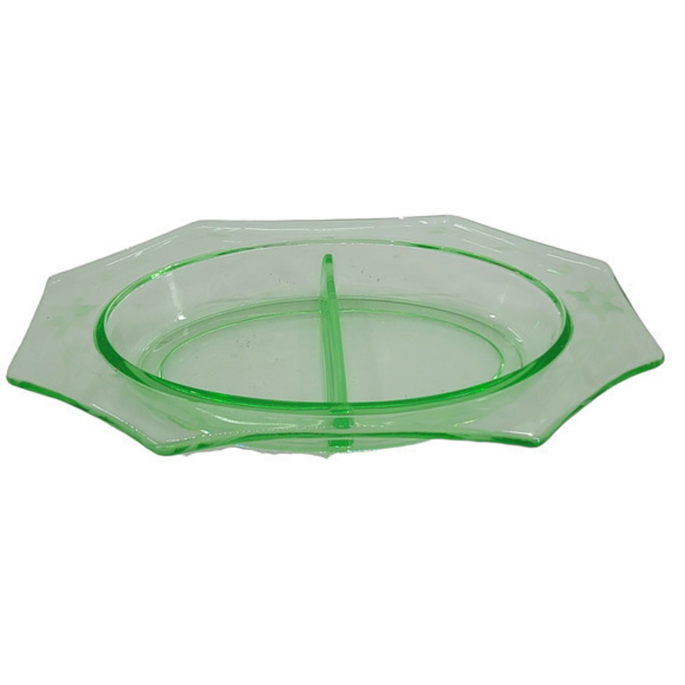 Uranium Green 2 Divided Etched‎ Appetizer  Vegetable Vintage Glass Bowl